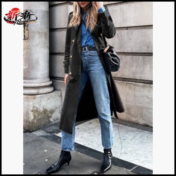 Long Trench Coat Double Breasted Classic Lapel Overcoat with Belt - Picture 4 of 7